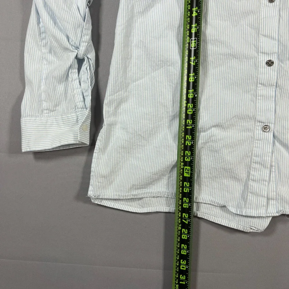 Michael Kors Button Up Shirt Womens L White Blue Striped Roll Tab Sleeve Casual